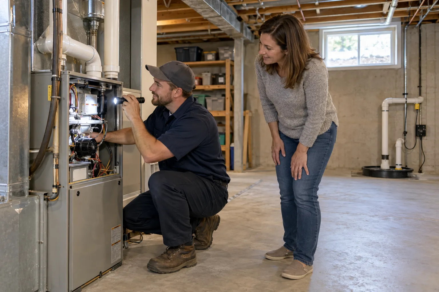 A provider checking a furnace in a basement home in the Grafton area