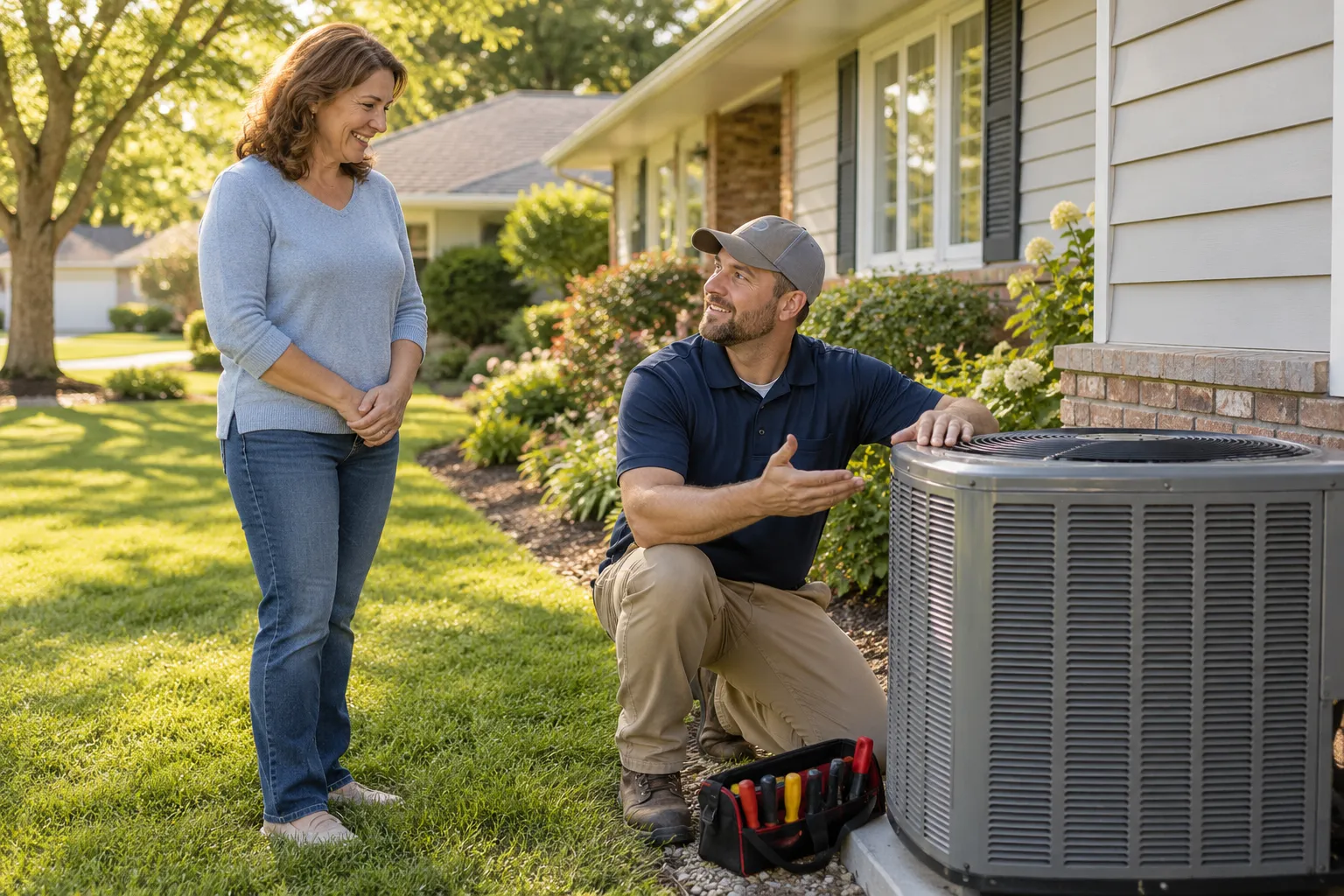 A homeowner in Grafton talking with an HVAC provider beside an outdoor air conditioner